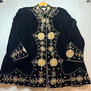 VINTAGE SILHOUETTES Black Velvet Beaded Sequin Embroidered Jacket Coat Womens 1X